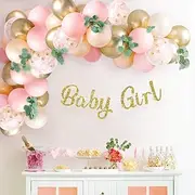 Sweet Baby Co. Baby Shower Decorations For Girl With It's A Girl Banner, Paper Lanterns, Paper Flower Pom Poms, Confetti Balloons, Paper Garland (Pink, Gold and White)