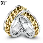 TT Silver/Gold Stainless Steel Curb Chain Spinner Band Ring For Couple (R23SJ)