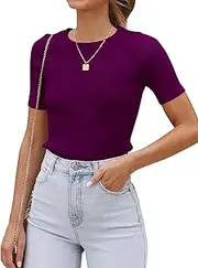 [Cuptacc] T-Shirt Women's Short Sleeve Crew Neck Slim Fit Knitted Plain Tops Summer Basic Shirts, Dark Purple, L