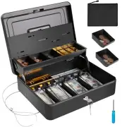 Large Cash Box with Security Cable & Coin Tray, Metal Money Box with Tray & K...