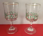 NEW Vintage 80s SET (2) Libbey Arbys HOLLY BERRY CHRISTMAS Stemmed Wine Glasses