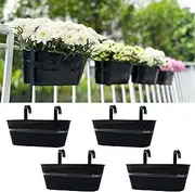 LaLaGreen Deck Railing Planter Box (4 Pack, 17 Inch) Large Black Metal Window Flower Boxes Outdoor, Wall Hanging Planters Plant Holder Hooks Fence Rail Buckets Countryside Boho Style Wall Mount Decor