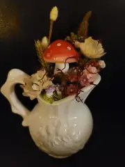 Handmade One of a Kind Mushroom Floral Arrangement, in Vintage Porcelain Pitcher