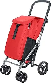 Carlett Shopping Cart Foldable Supermarket Trolley with 4 Rain-Resistant Wheels, Large Capacity, Main 53L, Thermal Bag 10L, Polyester, Red Color