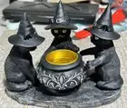 3 Black Witch Cats Around Cauldron Candle Holder Resin