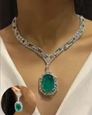 925 Sterling Silver Emerald Diamond-Studded Necklace Earring Set Green Gemstone