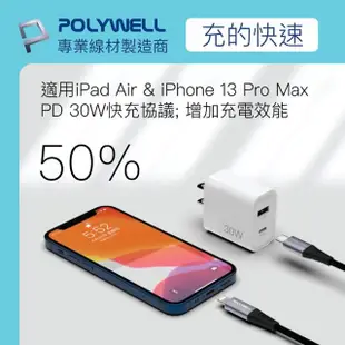 【POLYWELL】30W雙孔快充組 Type-A/C充電器+MFi認證Lightning PD編織線 2M(適用蘋果iPhone iPad 安卓快充)