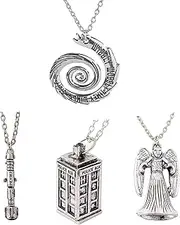 [JYXindzkj] Doctor Who 4 Pack Different Necklace Wibbly Wobbly Timey Wimey 11th Doctor Sonic Screwdriver Pewter Finish Inspired 3D Police Box