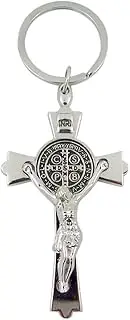 [Catholic Saint St Benedict Key Chain] Silver Toned with Black Enamel Accent Saint Benedict Crucifix Key Chain 3 Inch