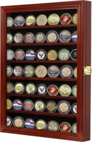 Military Challenge Coin Display Case Lockable Cabinet Rack Mahogany Finish