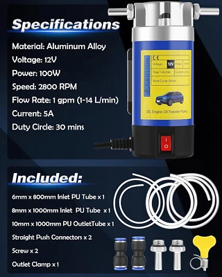 12V 100W Oil Extractor Pump - Fast Electric Fluid Transfer for Car, Mower