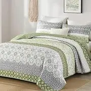 WONGS BEDDING Boho Quilt Set Full Size,Olive Green Bohemian Striped Patchwork Bedspread Coverlet Set,3 Pieces Microfiber Bedding Set for All Seasons (78"x90")