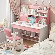 QQXX Cute k*id-s Study Desk with Chair,Wooden Ergonomics Study Desk Table with Drawer and Storage Shelf,Computer Workstation with Bookshelf Hutch,Multi Function Desk and Chair Set for Boys and Girls