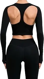 [DSAoTeng] Women's Backless Long Sleeve Workout Cropped Tops-with Thumb Hole Seamless Compression Open Back Slim Fit Crop Top for Gym Yoga Running