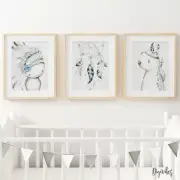Nursery Bedroom Wall Art prints. Set of three wall decor, Woodland little chief