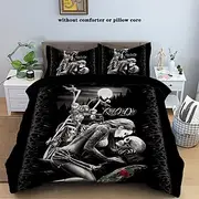 100% Cotton Floral Skull Knight 3 Piece Quilt Cover Set Human Skeleton Couple Printed Bedding Set 3 Piece Suitable for Couples and Adults Gothic Quilt Cover Se