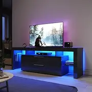 ELEGANT TV Cabinet with LED Light, 160cm TV Stand Unit with 2 Drawers, Modern Black High Gloss TV Entertainment Unit for Living Room Home Furniture