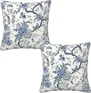 Tebjh Chinoiserie Blue and White Pillow Covers 18x18 Set of 2, Bird and Flowers Throw Pillow Covers Outdoor Decorative Pillow Case for Couch Bed Sofa Cushion Home Decor