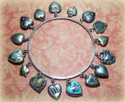 Silver Vintage Style Puffy Heart Bangle - 16 Charms - Guilloche & Sterling Heart
