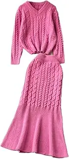 [keusyoi] Winter Warm Knitted Two Piece Set Women Long Sleeve Pullover Elastic Waist Long Skirt Casual Slim Skirt Sweater Suit