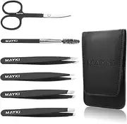 MAYKI Eyebrow Tweezer Set, 6 PCS Professional Stainless Steel, Luxury Black, Great Precision for Eyebrow/Facial Hair Removal, Ingrown Hairs/Splinter/Tick Remover
