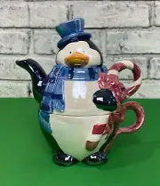 Nantucket Opalescent Penguin Porcelain 3 Tier Holiday Teapot & Teacup Set Unique