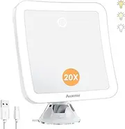Auxmir Magnifying Mirror with Light and 20x Magnification, Rechargeable Makeup Mirror, Cosmetic Mirror with Lighting, 3 Light Colours & Suction Cup, 360° Rotating Table Mirror, 2000 mAh