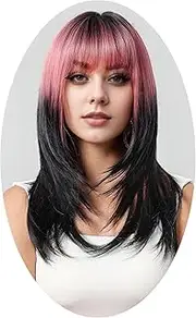 Shoulder Length Wig for Women Wavy Punk Style Synthetic Bachelorette Party Night Club Wig Ladies Pink