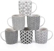 MACHUMA Set of 6 11.5 oz Coffee Mugs with Black and White Geometric Patterns, Ceramic Tea Cup Set
