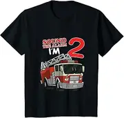 [X.Style] Kids Fire Truck 2nd Birthday Firefighter 2 Year Old Toddler Bday ds861 T-Shirt (S) Black
