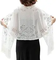[Werownsgso] Lace Scarf with Tassels, Soft Mesh Fringe Wraps, Women's Sequins Floral Scarves, Women's Stole Festive for Wedding Dress, Wedding, Evening Dress, Festive