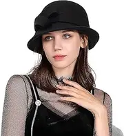 [KorhLeoh] Wool Felt Fedoras Hat for Women Vintage Wool Cloche Bowler Caps with Bow Church Hat Winter Floppy Bucket Hats