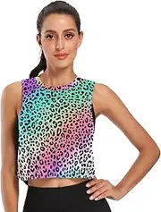 [ODAWA] Leopard Spots Colors Womens Crop Top Yoga Tanks Loose Tee Tops Sizes S-2XL