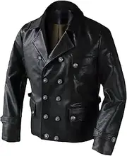 [Generic] Men's Button Vintage Leather Coats Double Breasted Leather Coat Winter Leather Jacket