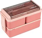 Lunch Box Stackable, 1400ml Bento Box with Spoon Fork, Leak Proof 2 Layer Boxes with 3 Removable Compartments and Cutlery, for Adults Kids Office Microwave Dishwasher Safe Available (Pink)