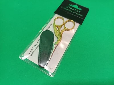 Gingher Gold Stork G-ST Embroidery Scissors 3 1/2", Leather Case. Gold Plated