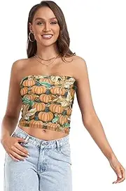 [RPLIFE] Pumpkins Leaves Crop Tube Top Mesh Tube Tops, Strapless Cami, Beach Tube Tops (S)