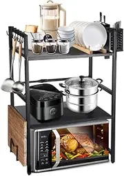 Expandable Microwave Rack for Kitchen Countertop - Carbon Steel Shelf with 6 Hooks, Knife Holder, Cutting Board & Chopstick Organizer, Space-Saving Storage (Three-layer large size)