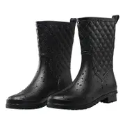 Nevenka Women Rain Boots Waterproof Mid Calf Lightweight Out Work Shoes-Black