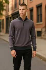 Ansett Graphite Two Tone Half Zip Cashmere Merino Wool Jumper