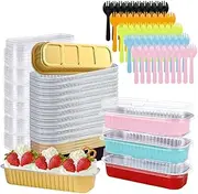 Mini Loaf Pans with Lids and Spoons, SHAIDOJIO 6.8oz Aluminum Foil Baking Pans, Rectangle Cupcake Baking Cups Muffin Tins, Small Cake Pans for Bread, Brownie, Cheesecake (50 Pack, 5 Colors)