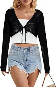 [MACNOORA] Women's Tie Front Crop Tops Long Sleeve Knit Crochet Cardigan Lightweight Shrug Sweaters Summer Hollow Out Cover Up