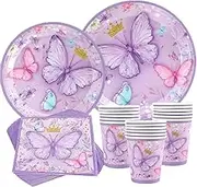 Purple Butterfly Disposable Tableware Paper Plate Cup Napkin Butterfly Girl Birthday Baby Shower Party Decor Wedding Supplies