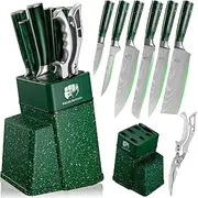 FULLHI 8/14pcs Block Knife Set,Chef's Knves Set with Block and Sharpener, Kitchen Knife Set,Multi-Colour Handle, Gifts for Men Women (Green Resin, 8PCS)