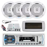 Pyle Bluetooth Marine Radio,Cover, Antenna,Amp w/Kit, 4x 6.5" 400W White Speaker