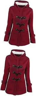 [OATIPHO] 2pcs Long Pea Coat Double Breasted Wool Blend Winter Warm Hooded Coat Zipper Stopper (Wine M)