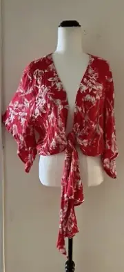 NWT Dotti Red & White Floral Wide Sleeve Tie Knot Front Top Size 16