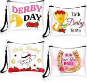 [Shinylin] 4 Pcs Kentucky Horse Derby Purses with Handle for Women Horse Racing Zippered Bags Kentucky Accessory Makeup Cosmetic Bags Canvas Wrist let Handbag for Women Gifts, White