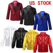 Kids Boys Jacket Sparkly Sequins Tuxedo Coat Formal Party Dance Shirts Tops