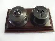 federation antique copper power point,outlet,switch socket on cedar wood block
